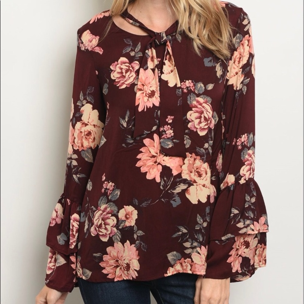Burgundy Floral Bell sleeve top